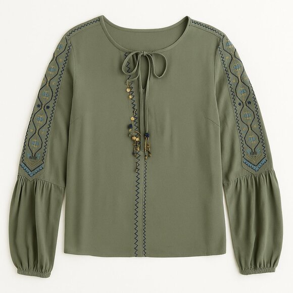 Kobi Halperin Military Green Long Sleeve Tie Front Silk Top Boho Bohemian Beaded